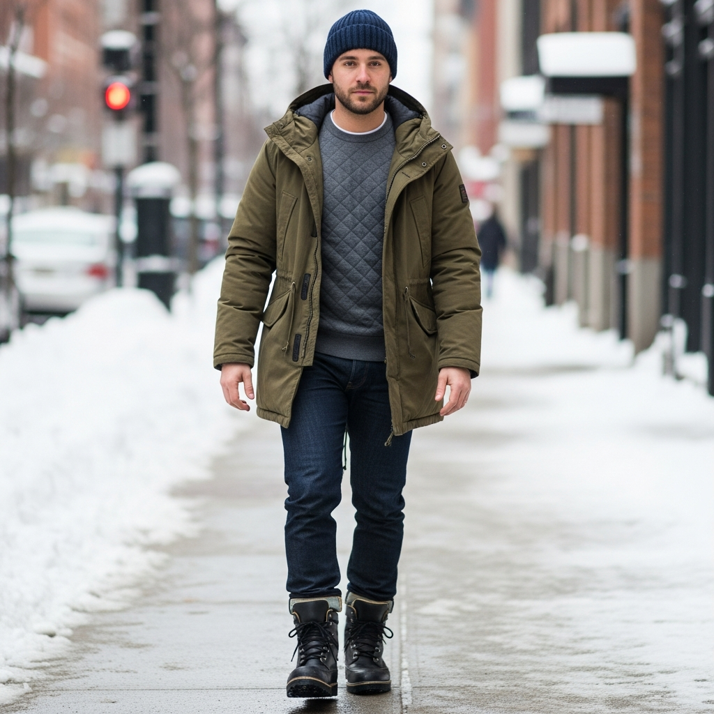 Parka and Quilted Sweater - 50 Beanie Outfit Ideas for Men