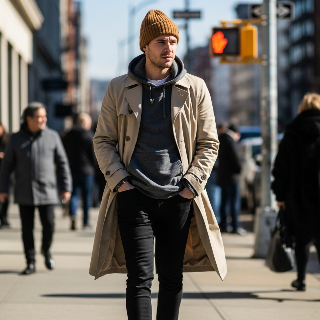 Trench Coat Contrast - 50 Beanie Outfit Ideas for Men