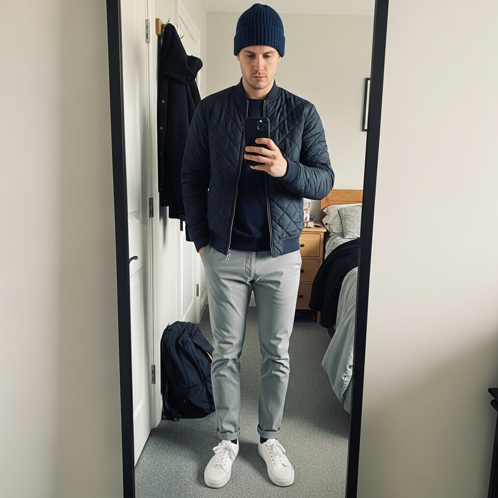 Quilted Bomber Style - 50 Beanie Outfit Ideas for Men