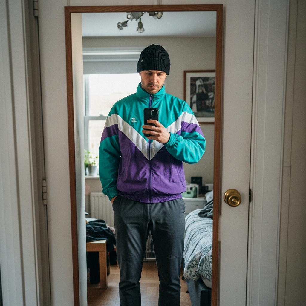 Retro Track Jacket - 50 Beanie Outfit Ideas for Men