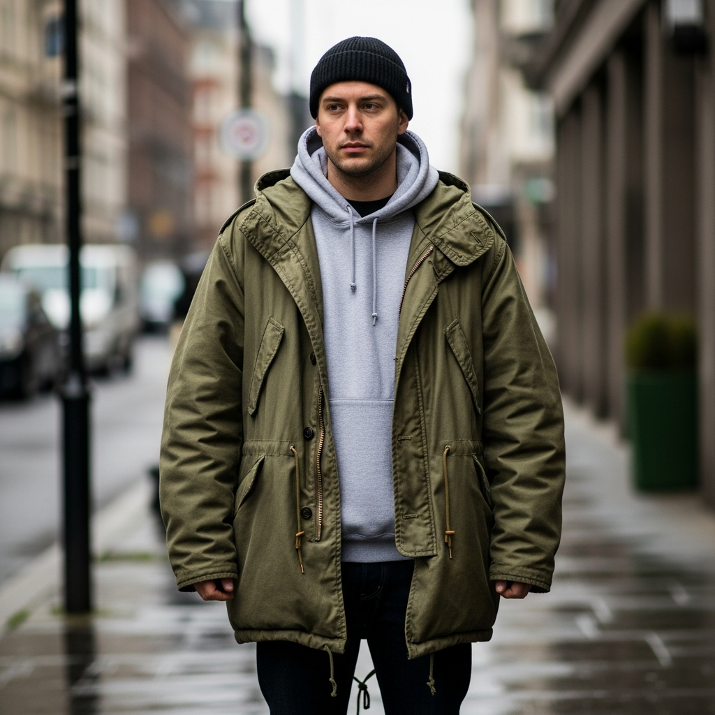 Layered Oversized Parka - 50 Beanie Outfit Ideas for Men