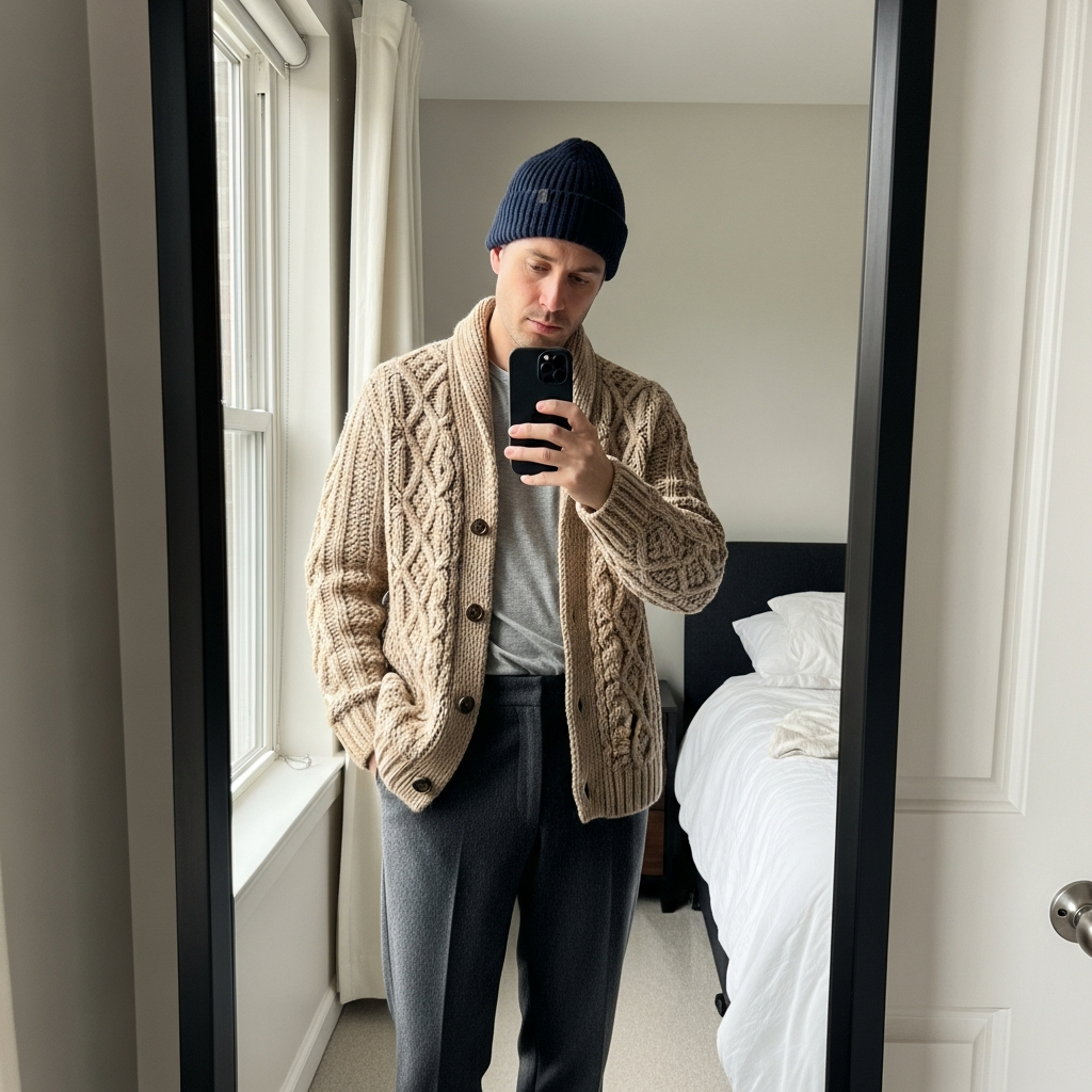 Cozy Knit Cardigan - 50 Beanie Outfit Ideas for Men