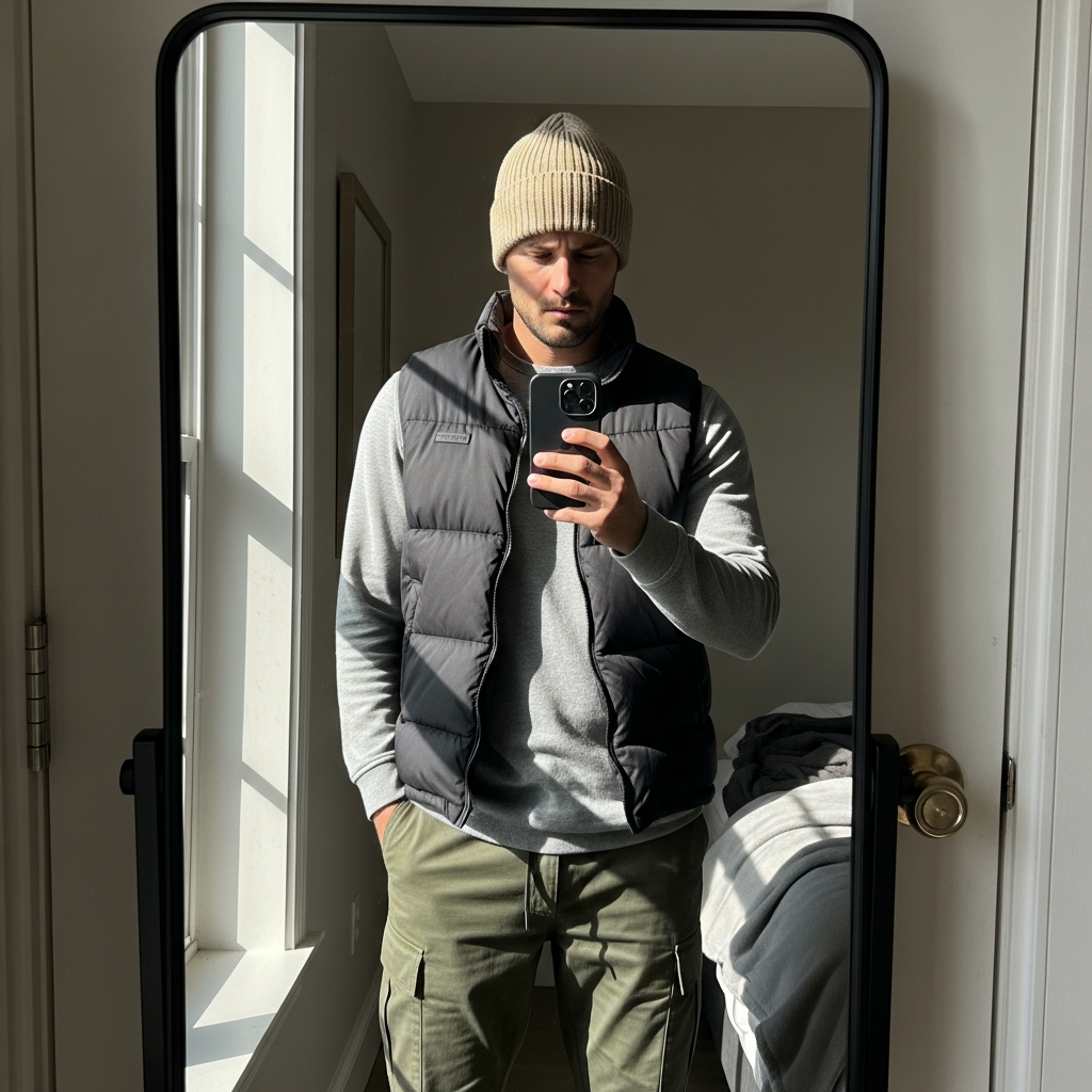 Sporty Puffer Vest - 50 Beanie Outfit Ideas for Men