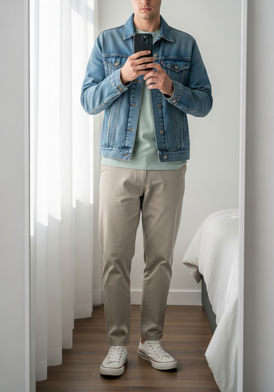 Pastel Tee and Light Denim - 50 Denim Jacket Outfit Ideas for Men