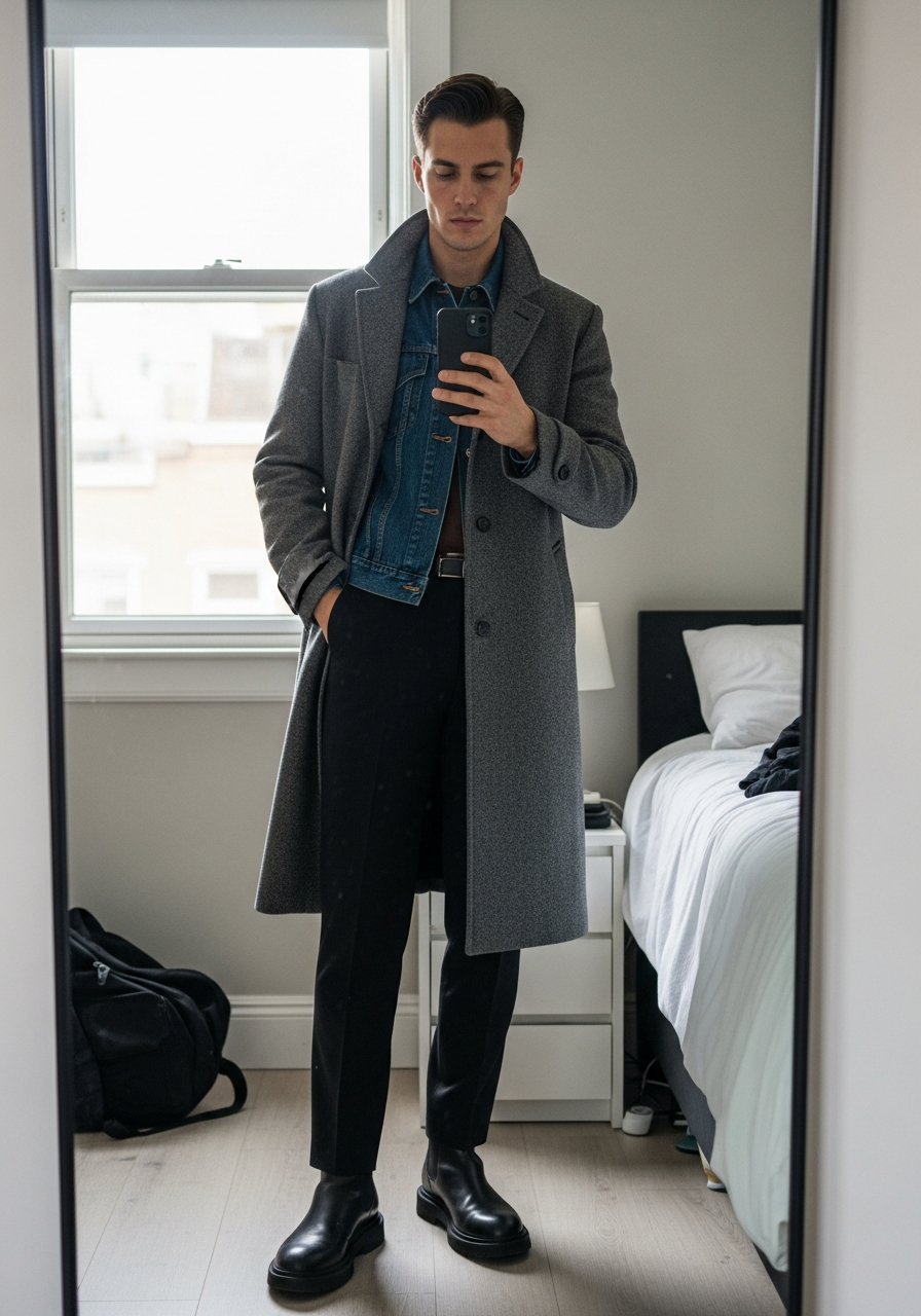 Jacket Under Wool Coat - 50 Denim Jacket Outfit Ideas for Men