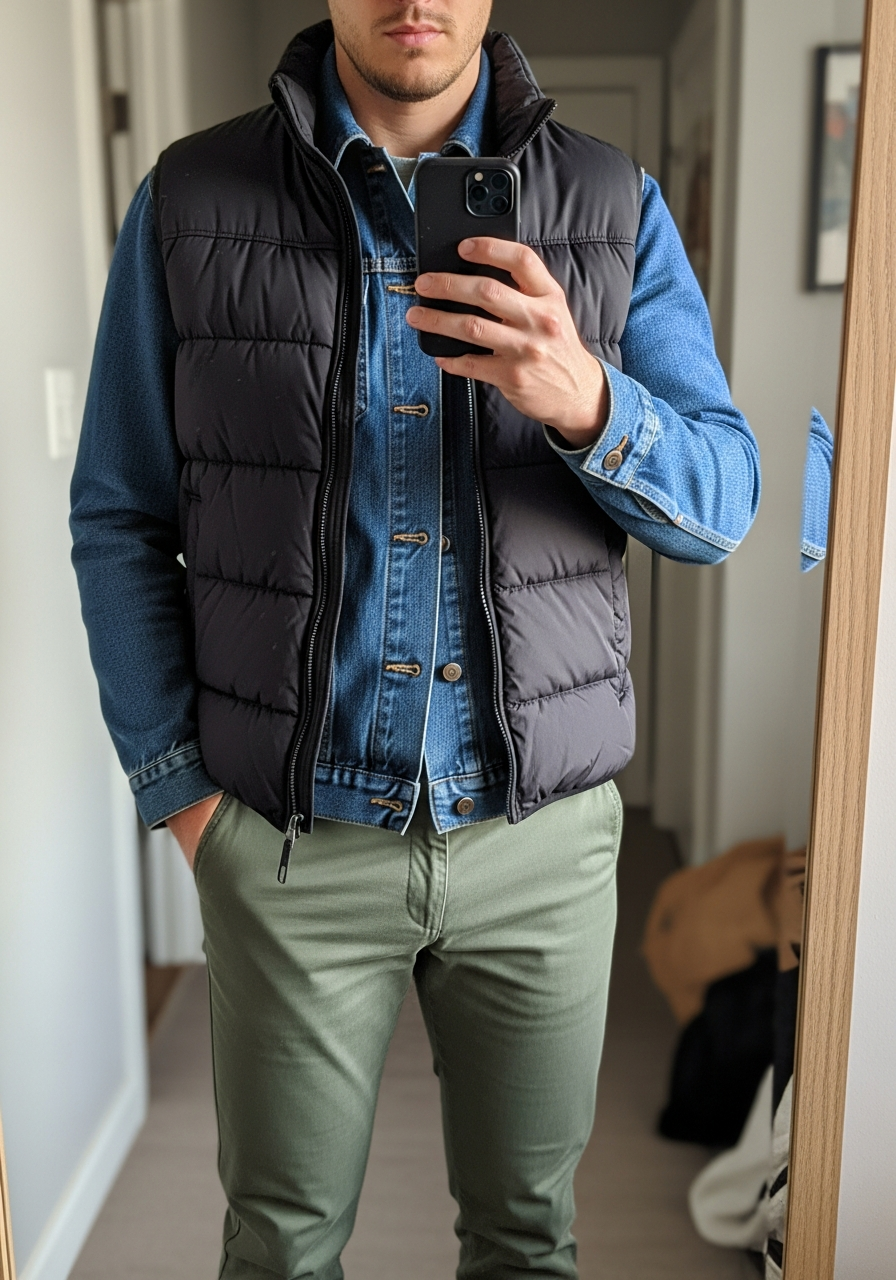Puffer Vest Layering - 50 Denim Jacket Outfit Ideas for Men
