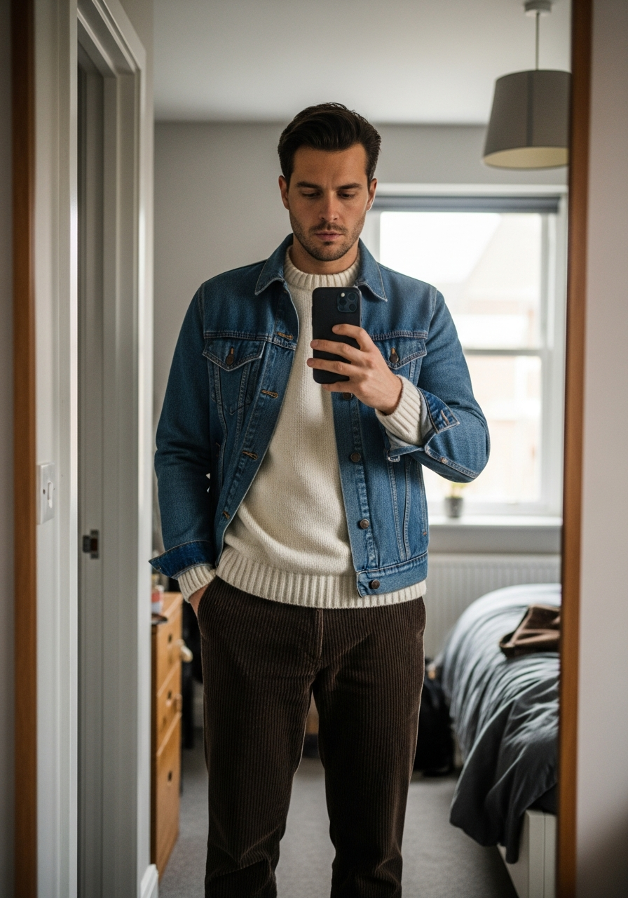 Sweater and Corduroy - 50 Denim Jacket Outfit Ideas for Men