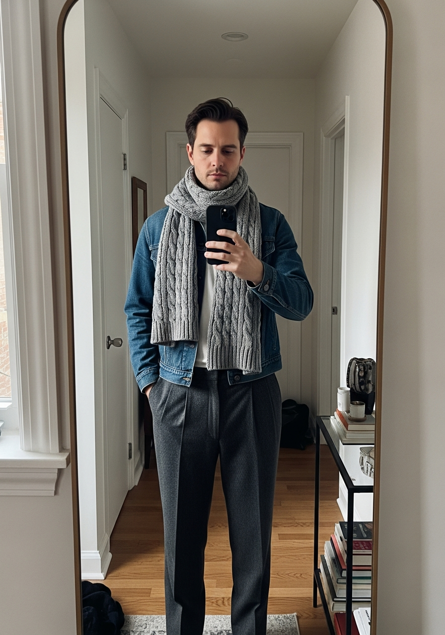 Scarf and Wool Trousers - 50 Denim Jacket Outfit Ideas for Men