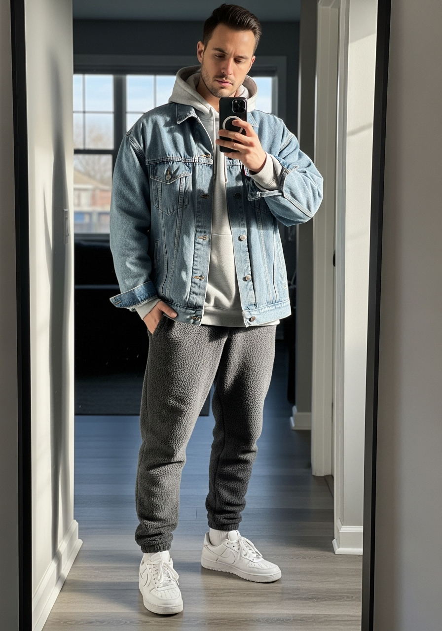 Light Denim and Hoodie - 50 Denim Jacket Outfit Ideas for Men