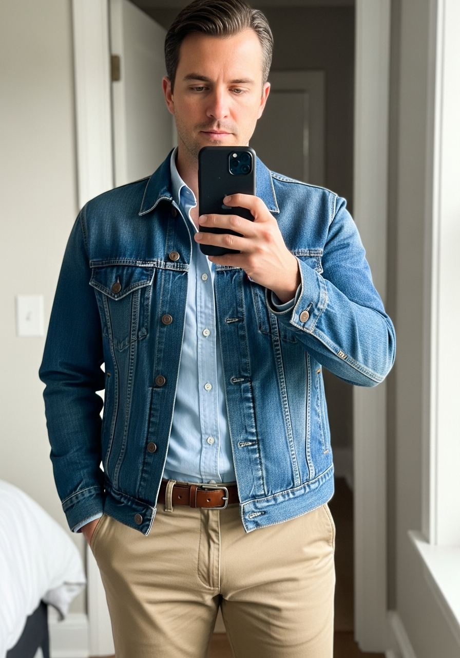 Button-Down and Chinos - 50 Denim Jacket Outfit Ideas for Men