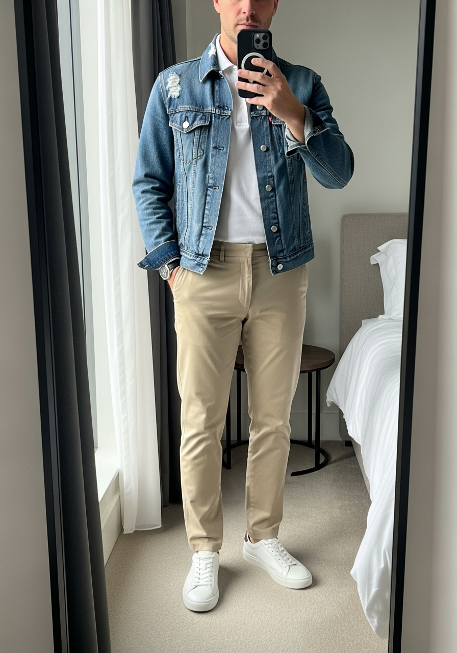 Polo and Khaki Combo - 50 Denim Jacket Outfit Ideas for Men