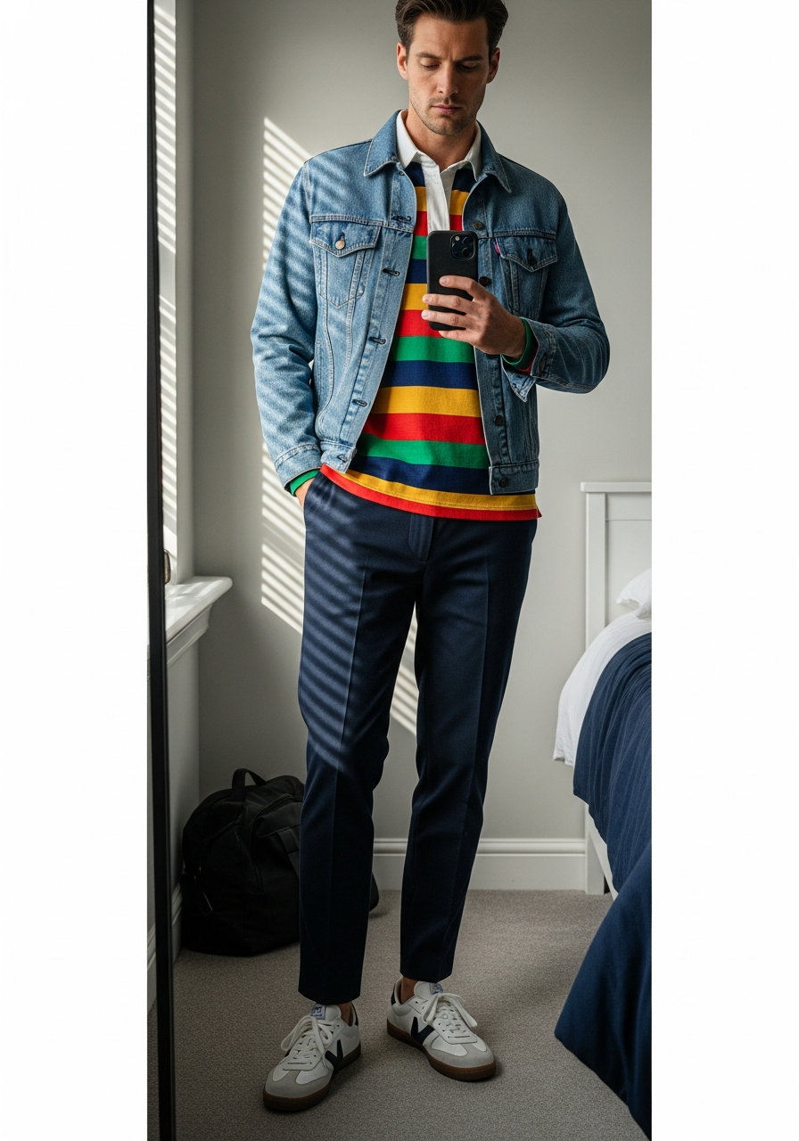 Rugby Shirt Prep - 50 Denim Jacket Outfit Ideas for Men