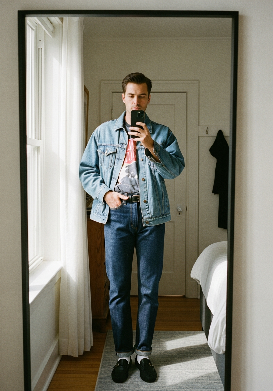 Denim on Denim with Tee - 50 Denim Jacket Outfit Ideas for Men
