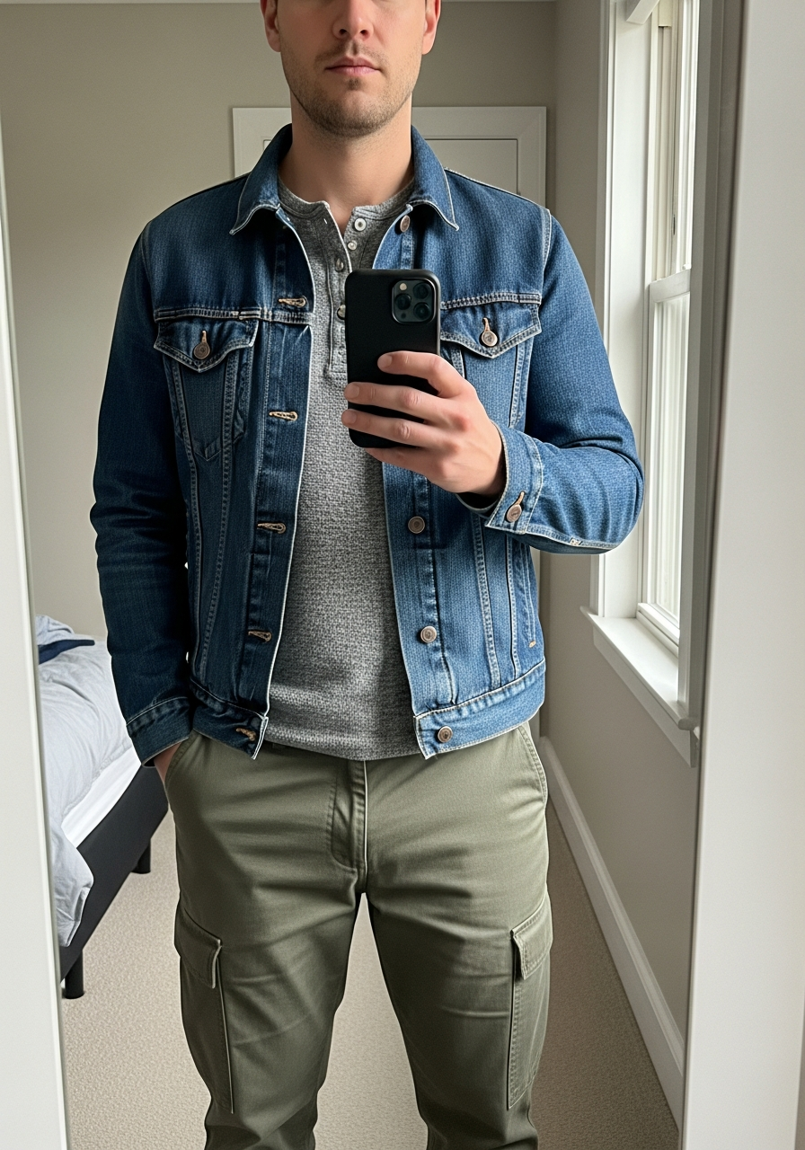 Henley and Rugged Chinos - 50 Denim Jacket Outfit Ideas for Men