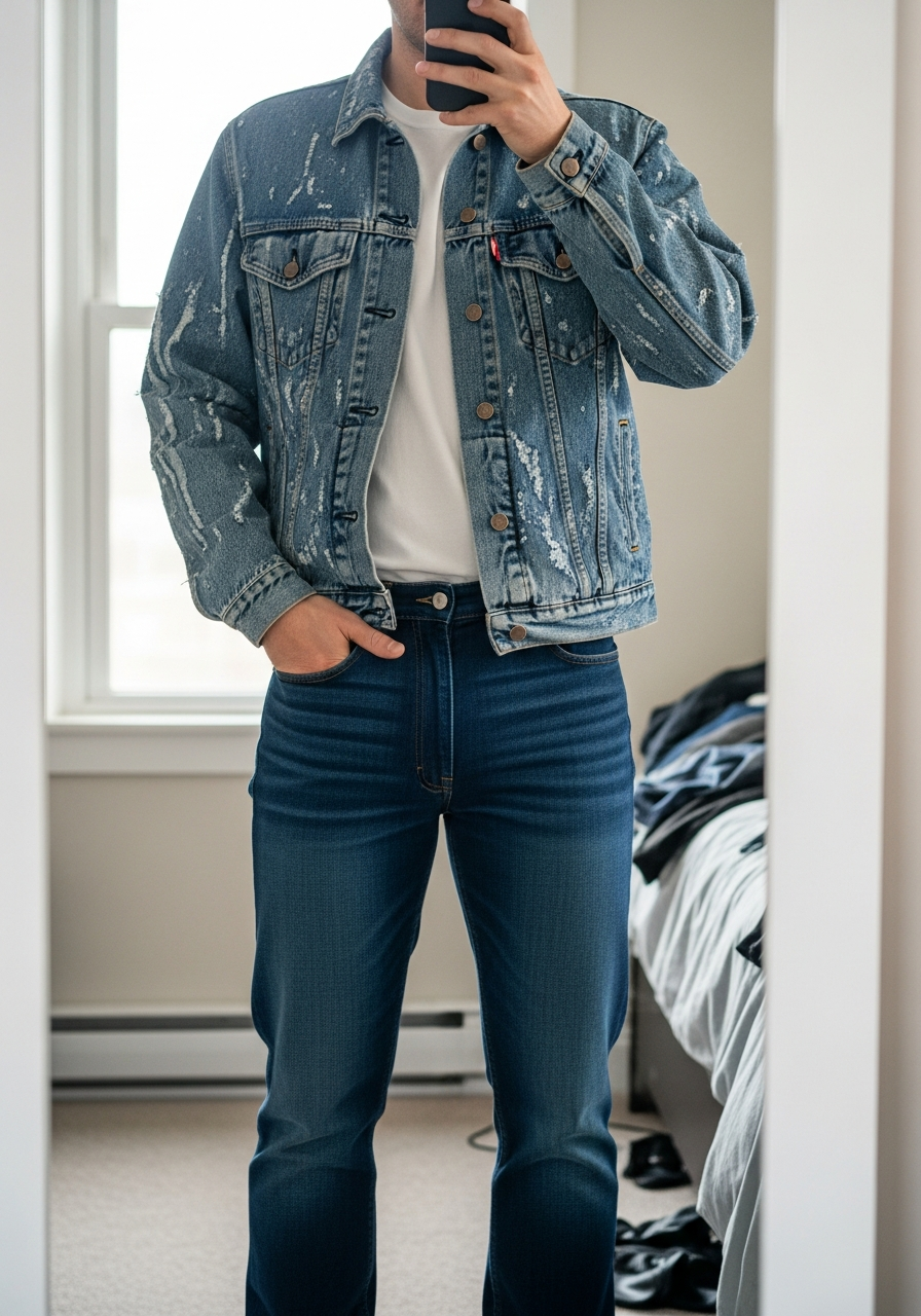 Contrast Denim Pairing - 50 Denim Jacket Outfit Ideas for Men