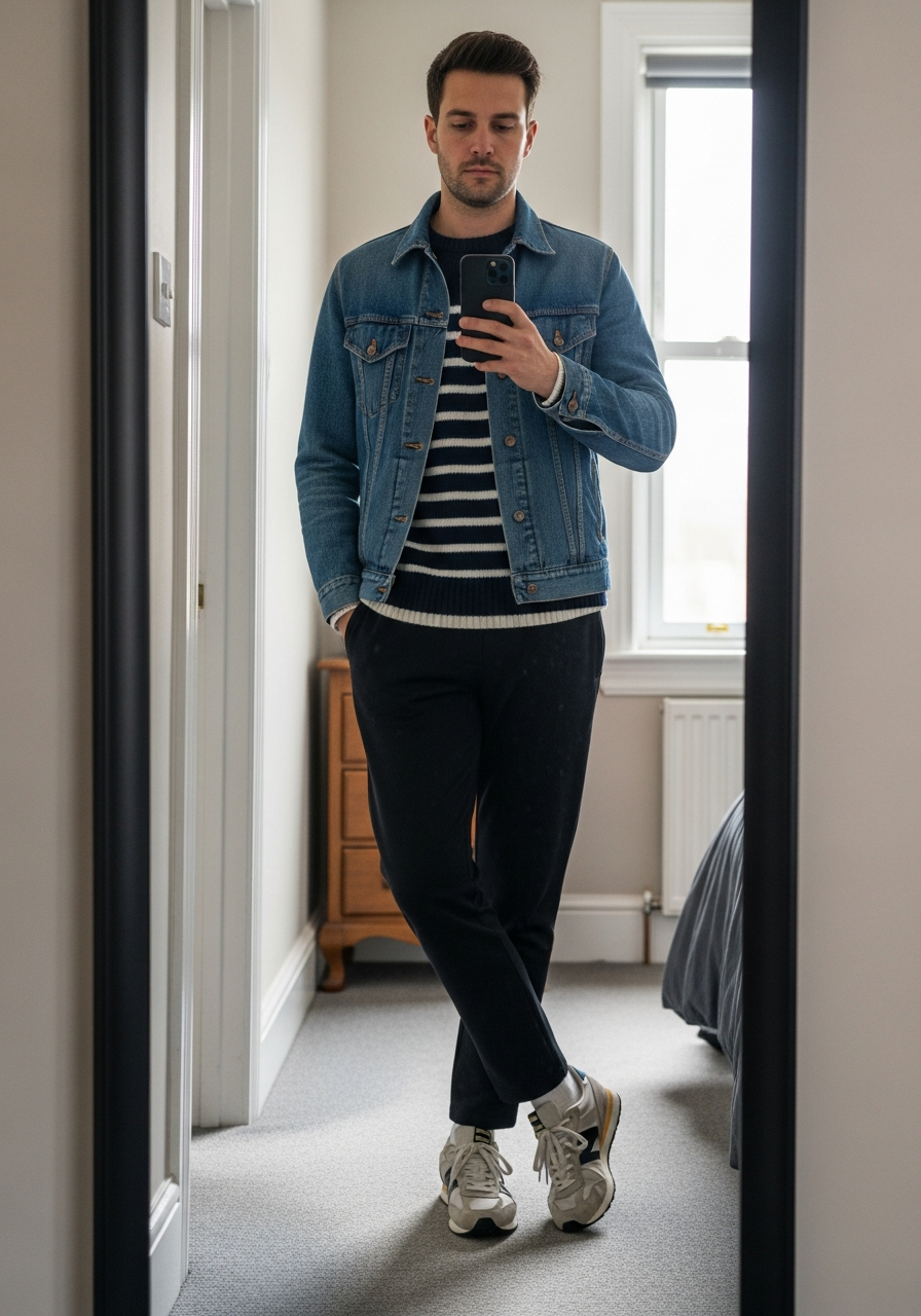 Sporty Sweater Mix - 50 Denim Jacket Outfit Ideas for Men