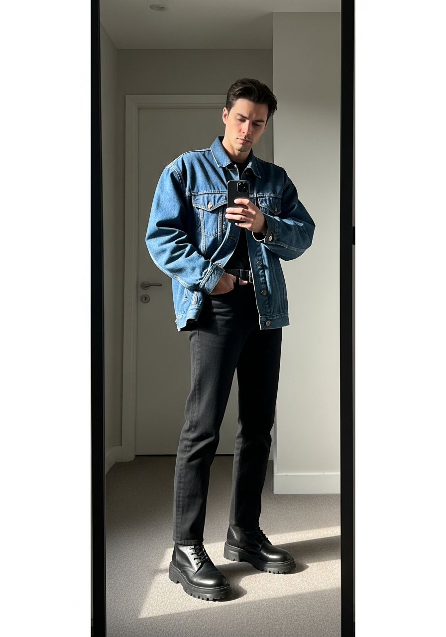 Oversized Jacket and Black - 50 Denim Jacket Outfit Ideas for Men