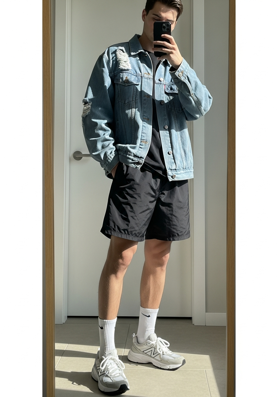 Athletic Shorts Mix - 50 Denim Jacket Outfit Ideas for Men