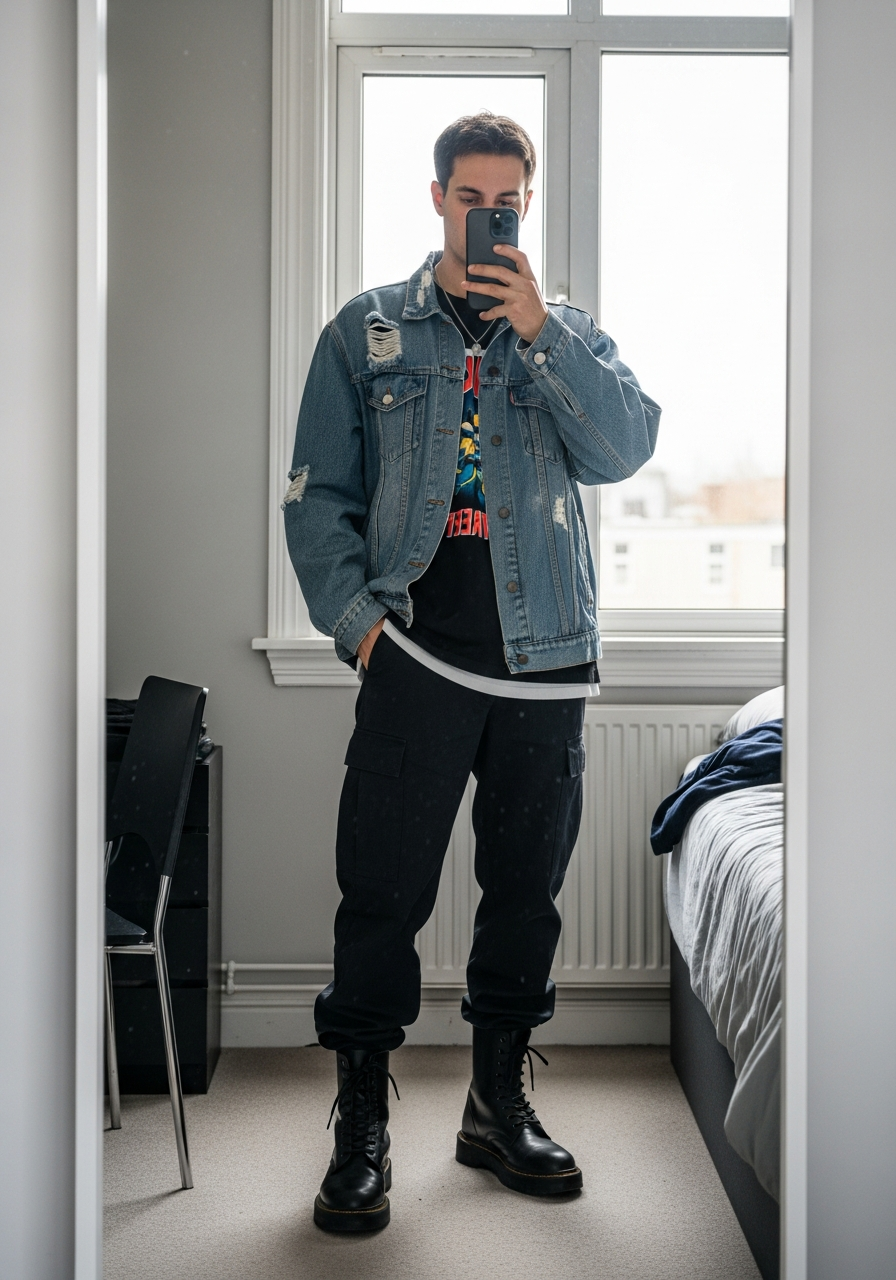 Combat Boot Anchor - 50 Denim Jacket Outfit Ideas for Men