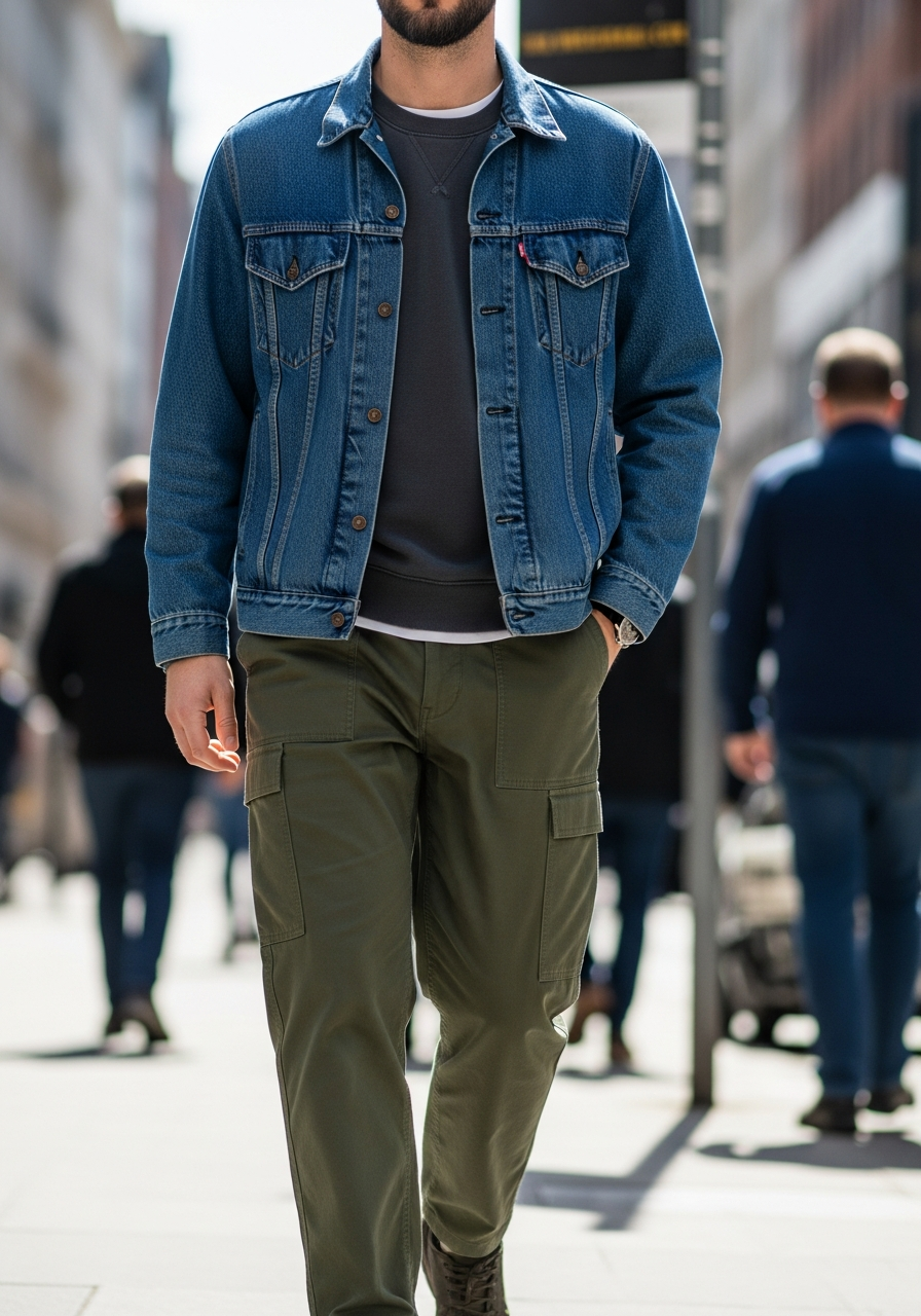 Sweatshirt and Cargo Pants - 50 Denim Jacket Outfit Ideas for Men