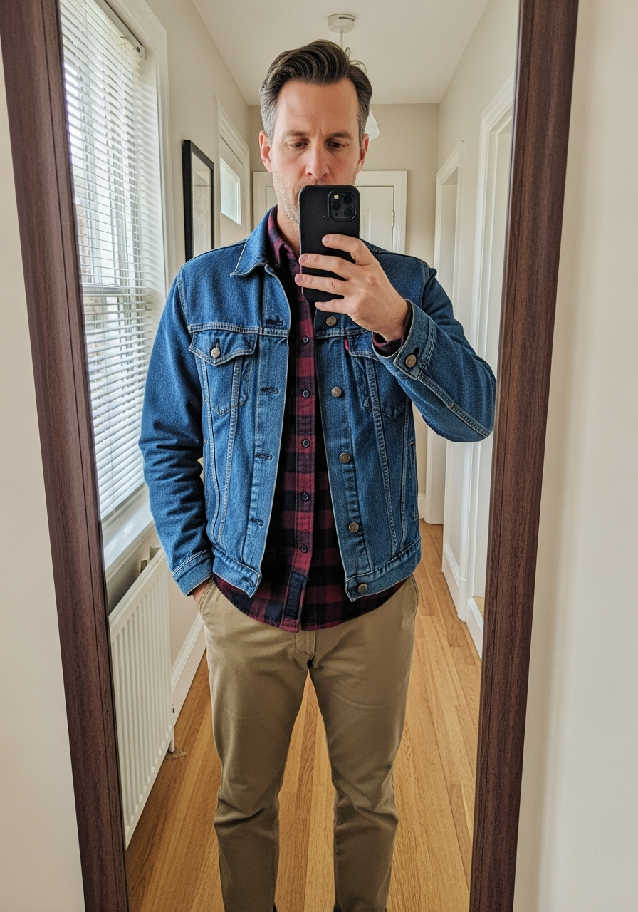 Flannel and Chino Mix - 50 Denim Jacket Outfit Ideas for Men