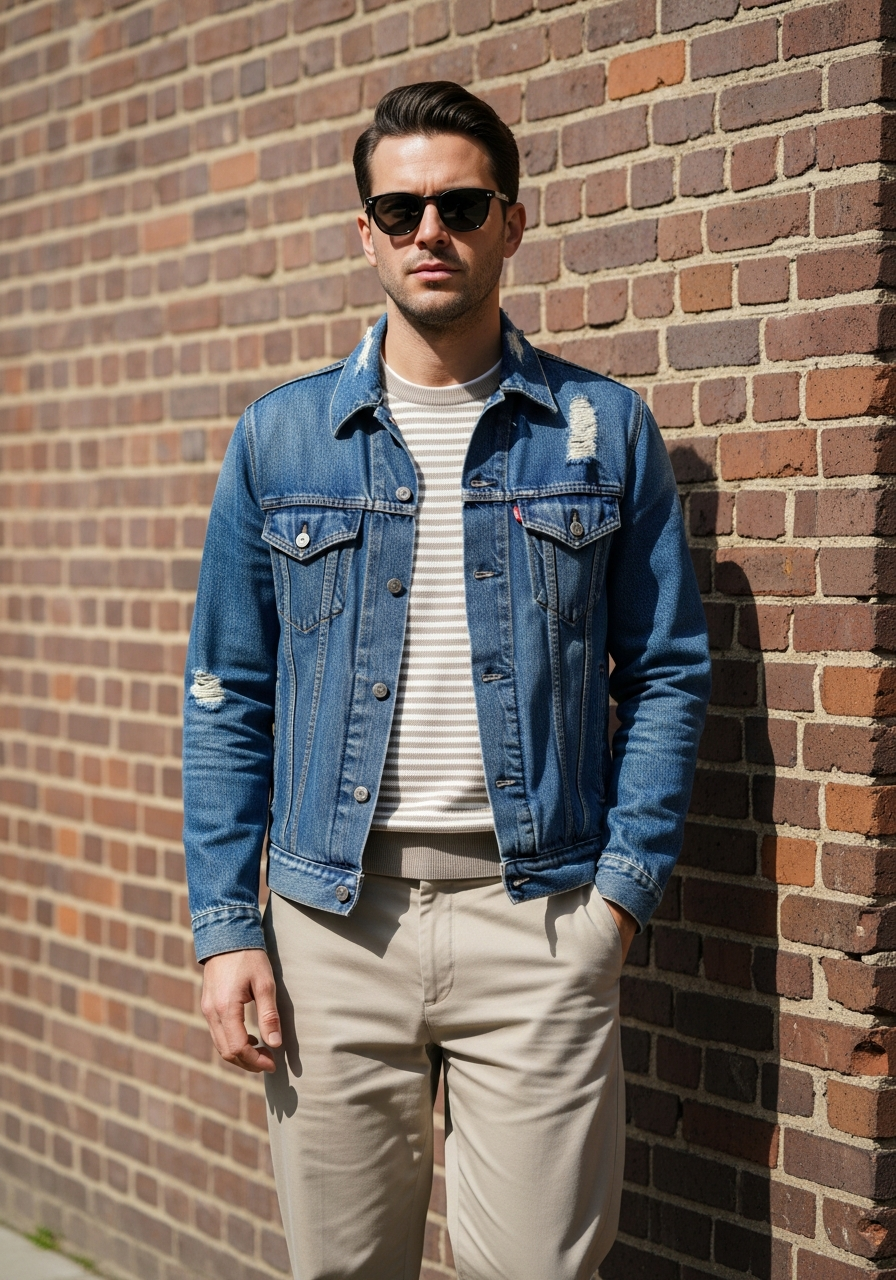 Stripes and Beige Pants - 50 Denim Jacket Outfit Ideas for Men