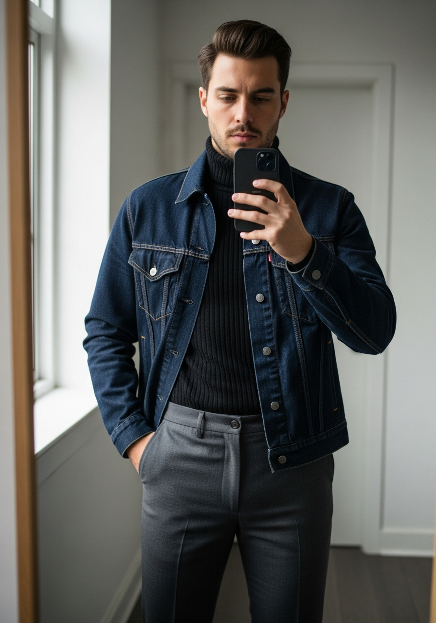 Turtleneck and Dark Wash - 50 Denim Jacket Outfit Ideas for Men