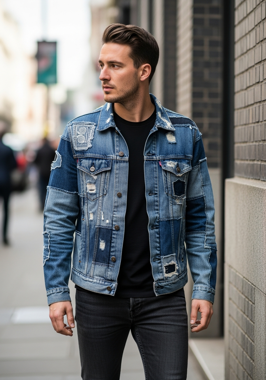 Patchwork Statement Jacket - 50 Denim Jacket Outfit Ideas for Men