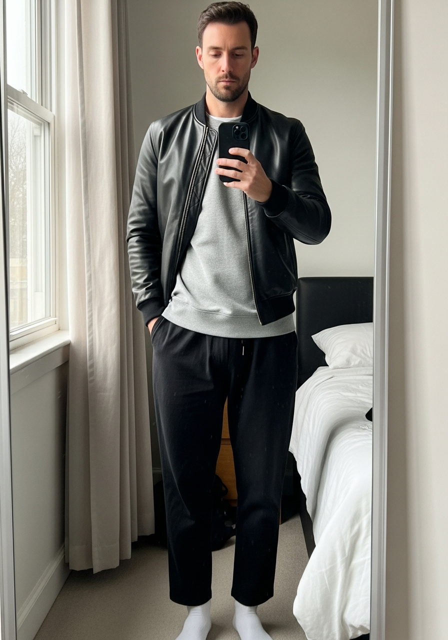 Sweatshirt, Lounge Pants - 50 Leather Jacket Outfit Ideas for Men