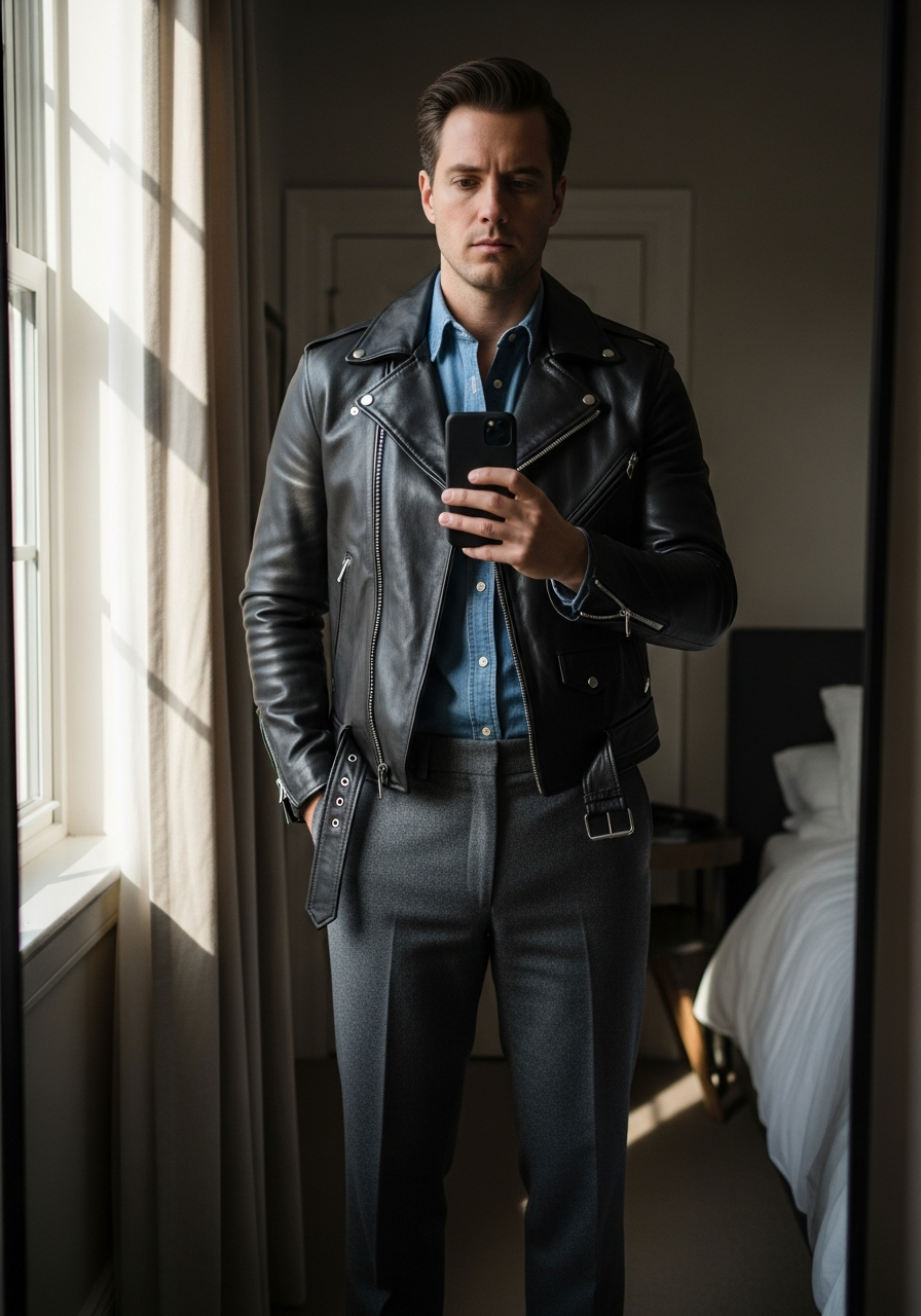 Chambray Shirt, Wool Pants - 50 Leather Jacket Outfit Ideas for Men