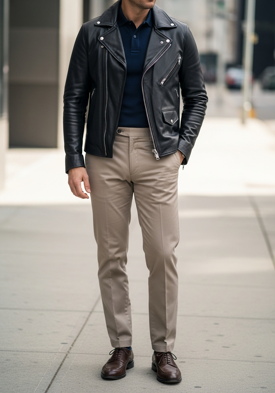 Polo Shirt, Beige Chinos - 50 Leather Jacket Outfit Ideas for Men