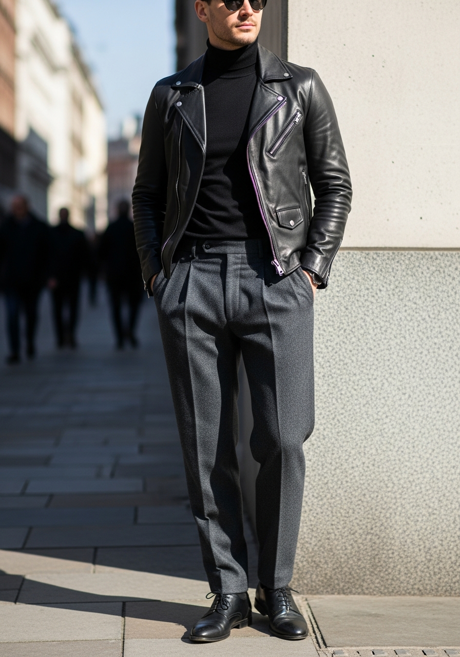 Fitted Turtleneck, Pleats - 50 Leather Jacket Outfit Ideas for Men