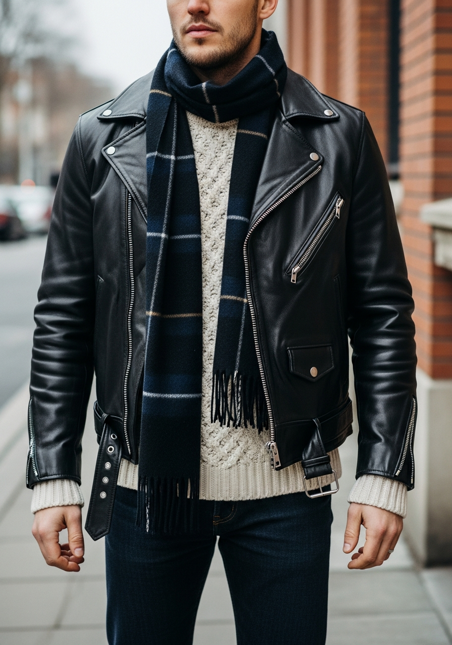 Chunky Sweater, Scarf - 50 Leather Jacket Outfit Ideas for Men