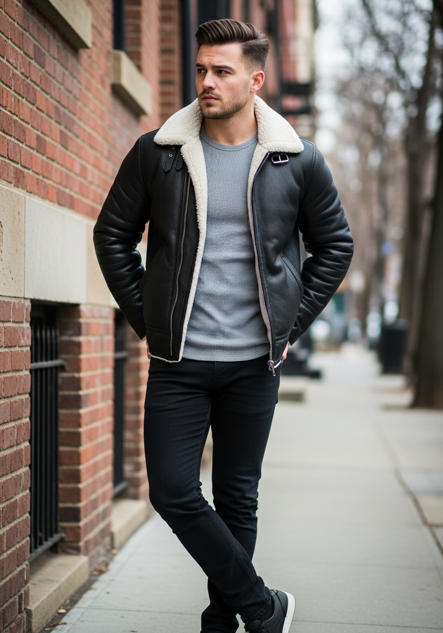 Shearling Jacket, Thermal Tee - 50 Leather Jacket Outfit Ideas for Men