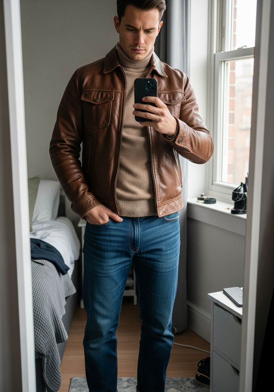 Brown Jacket, Beige Turtleneck - 50 Leather Jacket Outfit Ideas for Men