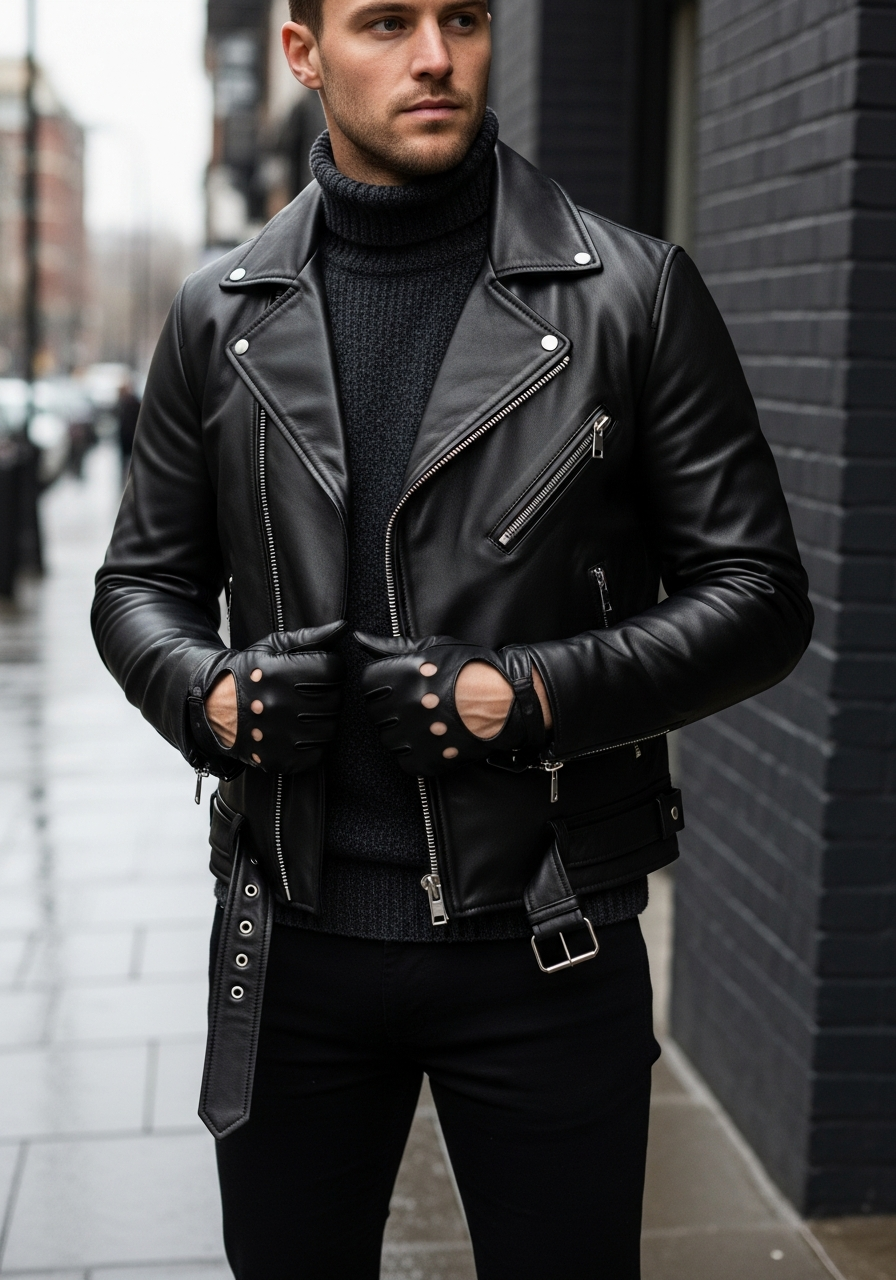 Turtleneck, Leather Gloves - 50 Leather Jacket Outfit Ideas for Men