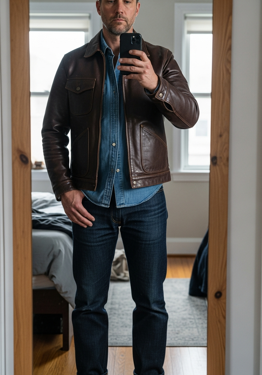 Chambray, Dark Denim - 50 Leather Jacket Outfit Ideas for Men