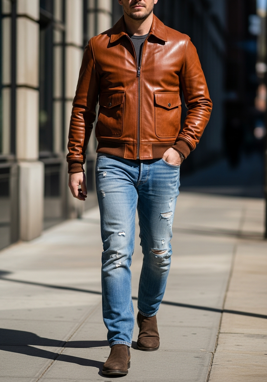 Brown Jacket, Distressed Jeans - 50 Leather Jacket Outfit Ideas for Men