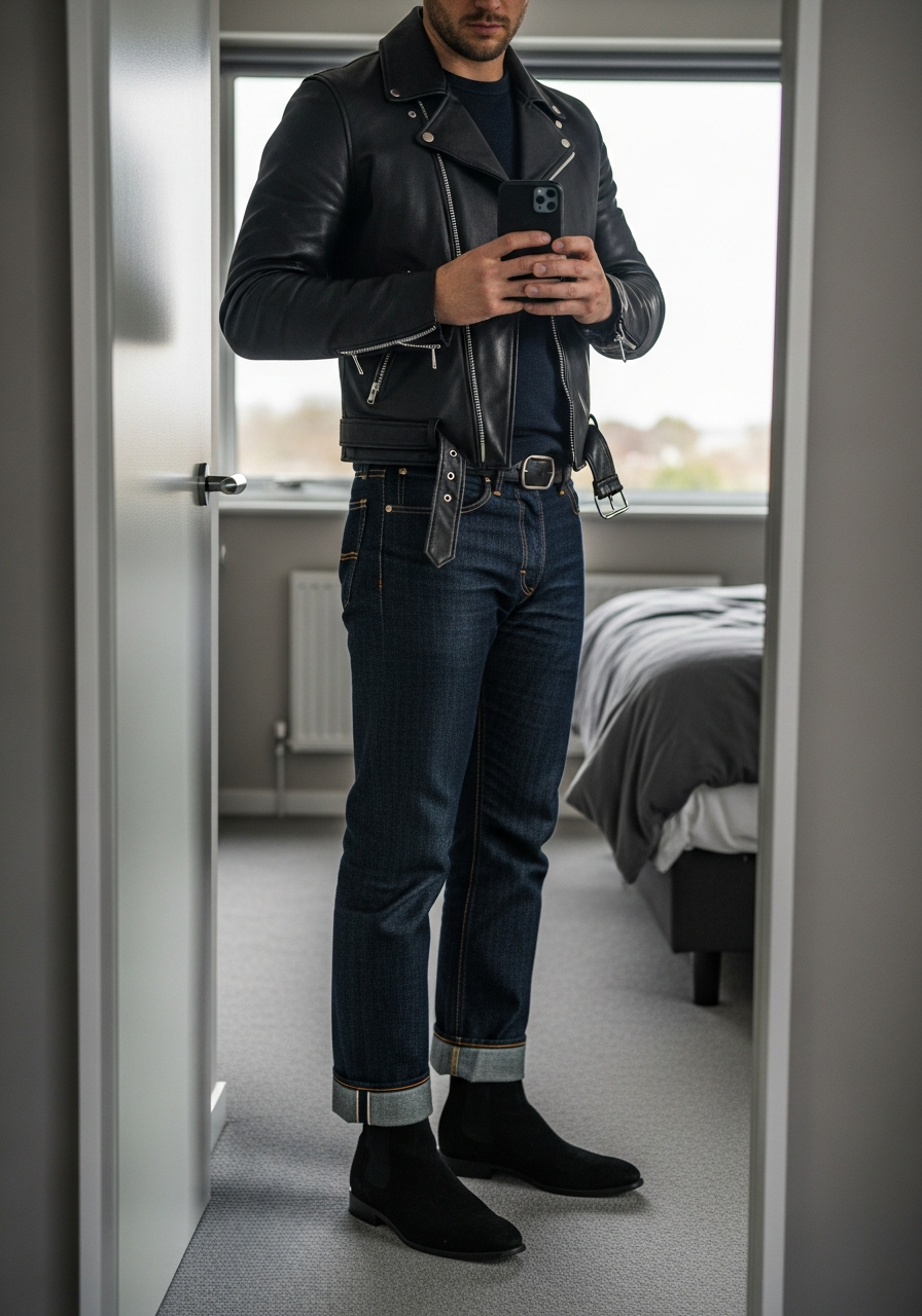 Selvedge Denim, Chelsea - 50 Leather Jacket Outfit Ideas for Men