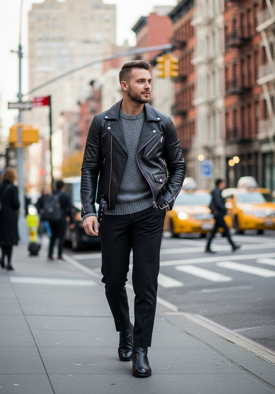 Charcoal Knit, Black Pants - 50 Leather Jacket Outfit Ideas for Men