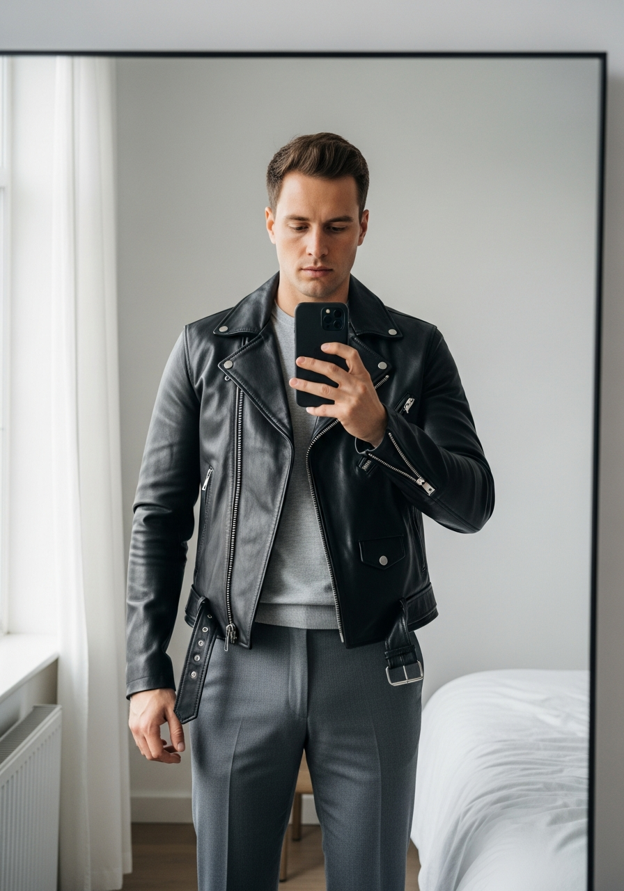 Neutral Grey Chinos - 50 Leather Jacket Outfit Ideas for Men