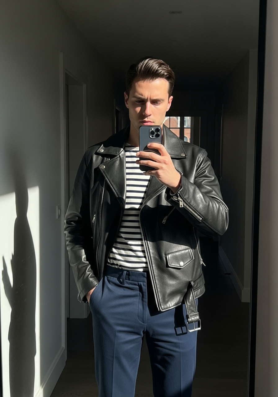 Breton Shirt, Navy Chinos - 50 Leather Jacket Outfit Ideas for Men