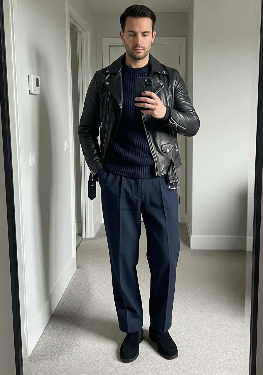 Monochromatic Navy - 50 Leather Jacket Outfit Ideas for Men