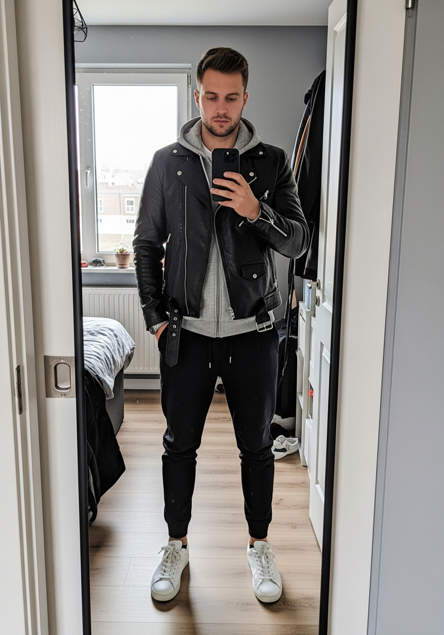 Zip Hoodie, Joggers - 50 Leather Jacket Outfit Ideas for Men