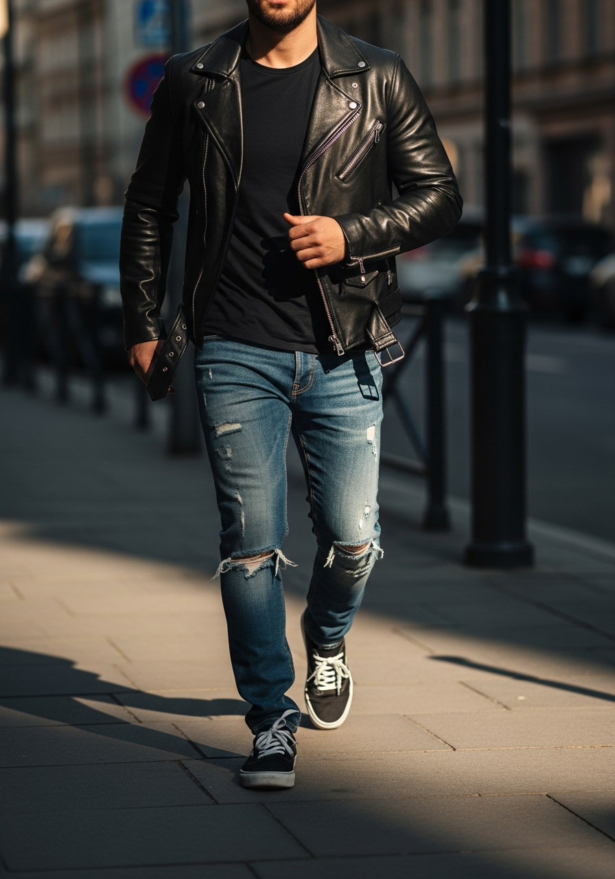 Sweatshirt, Skate Shoes - 50 Leather Jacket Outfit Ideas for Men