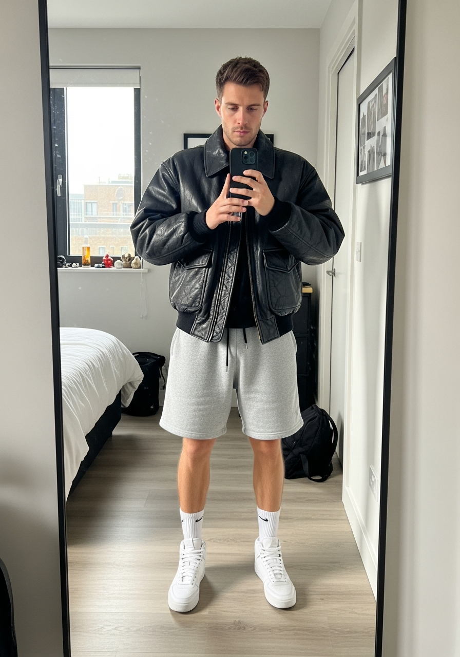 Bomber, Athletic Shorts - 50 Leather Jacket Outfit Ideas for Men