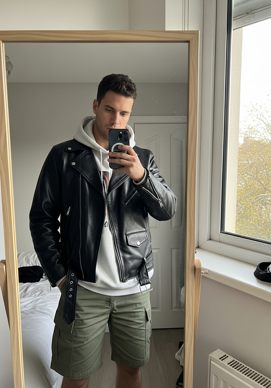 Graphic Hoodie, Cargo Shorts - 50 Leather Jacket Outfit Ideas for Men