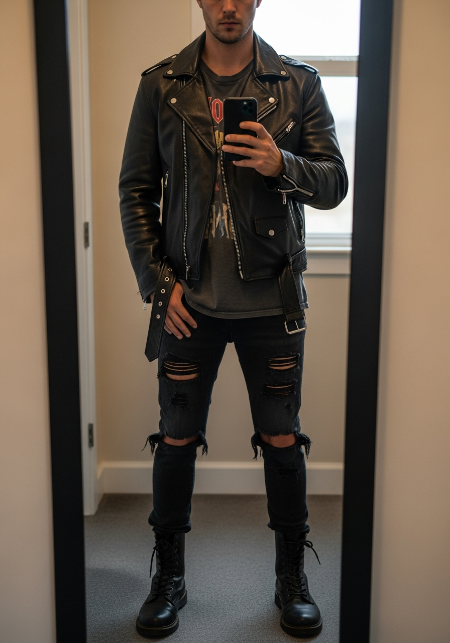 Band Tee, Ripped Black - 50 Leather Jacket Outfit Ideas for Men