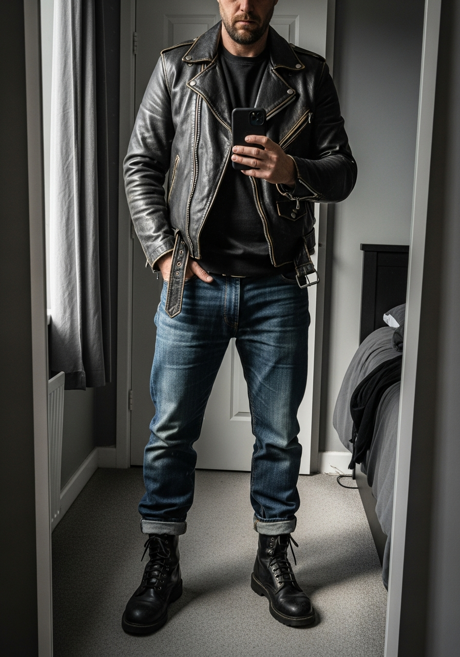 Combat Boots, Black Tee - 50 Leather Jacket Outfit Ideas for Men
