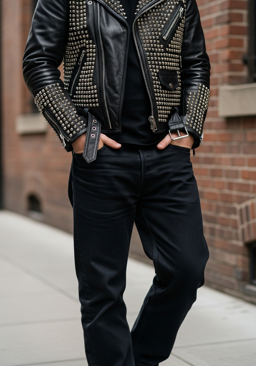 Studded Jacket, Black Denim - 50 Leather Jacket Outfit Ideas for Men